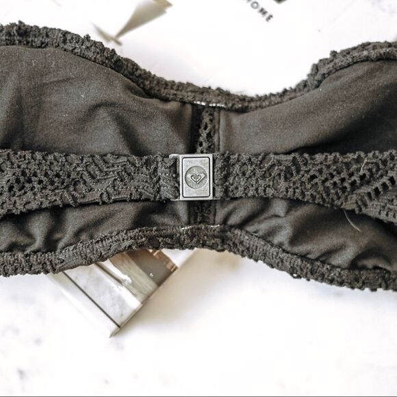 Roxy Crochet Ruffle Black Diamond Lace Bandeau Bikini Swim Top - Picture 6 of 8